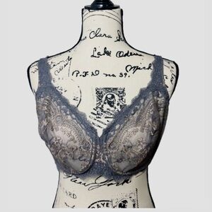 Lunaire Bra 34DDD Lace Underwire and Embroidered - Charcoal Gray and Tan